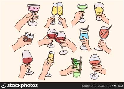 Set of people with clink glasses drink cocktails celebrate party together. Collection of persons enjoy celebration say cheers toast at festive event. Flat vector illustration. . Set of people drink cocktails clink glasses