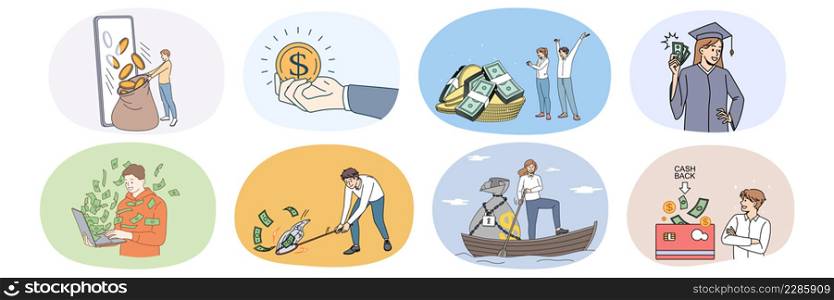 Set of people with coins and banknotes excited with money income or profit. Collection of diverse men and women saving finances for future need. Dividend and passive revenue. Vector illustration. . Set of people get income from money investment