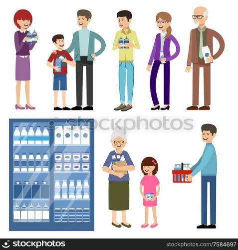 Set of people with dairy products on a white background. Vector illustration