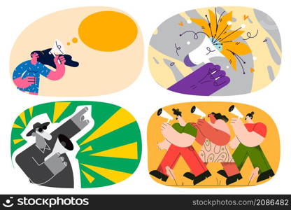 Set of people with loudspeakers scream shot attract attention to social issues. Collection of volunteers or activists with megaphones protest on march or demonstration together. Vector illustration.. Set of people activist with loudspeakers on demonstration