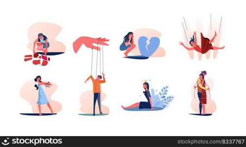 Set of people with mental problems. Women and men suffering from breakup, love addiction, megalomania, psychological manipulation and dependency. Mental disorders metaphors flat vector illustration