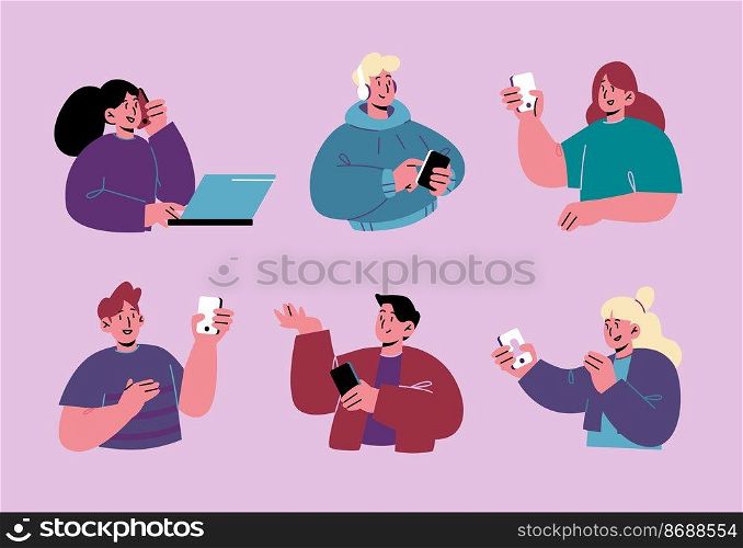 Set of people with mobile phones, men and women with smartphones call, messaging, chatting, texting, reading newsfeed in social media. Teens gadget addiction, Line art flat flat vector illustration. Set of people with mobile phones, gadget addiction