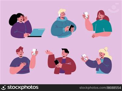 Set of people with mobile phones, men and women with smartphones call, messaging, chatting, texting, reading newsfeed in social media. Teens gadget addiction, Line art flat flat vector illustration. Set of people with mobile phones, gadget addiction