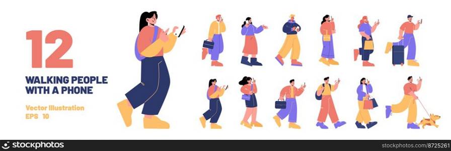 Set of people with phones, male and female characters talking by smartphones, communicate and browsing social networks. Men and women walking and using gadgets on go, Linear flat vector illustration. Set of people with phones, characters talking
