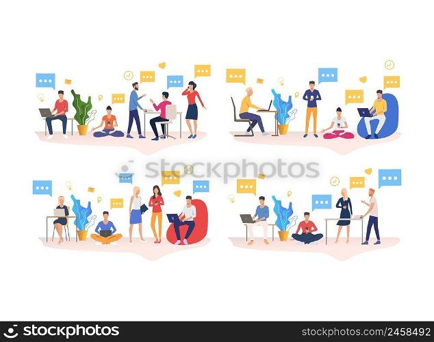 Set of people working in coworking office. Group of men and women chatting and using devices. Communication concept. Vector illustration can be used for presentation slide, new project, commercial