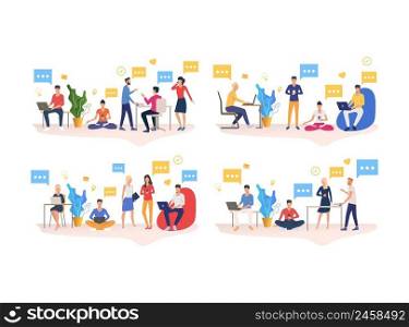 Set of people working in coworking office. Group of men and women chatting and using devices. Communication concept. Vector illustration can be used for presentation slide, new project, commercial