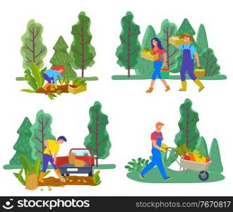 Set of people working on field, harvesting grown plants and vegetables. Man and woman carrying veggies in boxes and buckets. Male digging out potato transporting with van, guy with cart vector. Farming People on Harvesting Season Collection