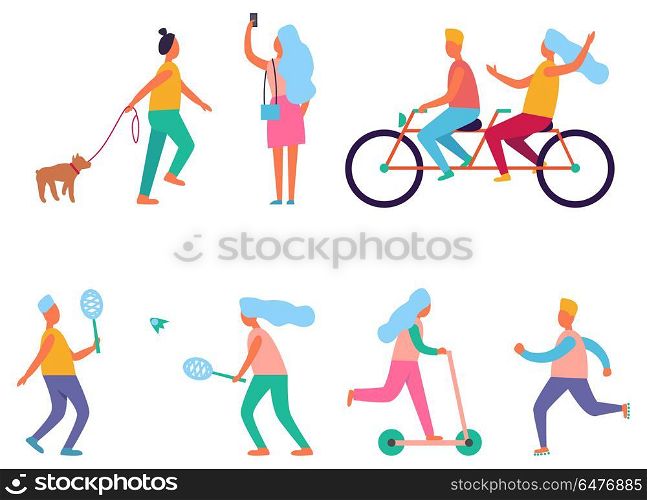 Set of Peoples Activities Vector Illustration. Set of peoples activities such as walking the dog, cycling and running, skating and playing badminton, taking pictures vector illustration