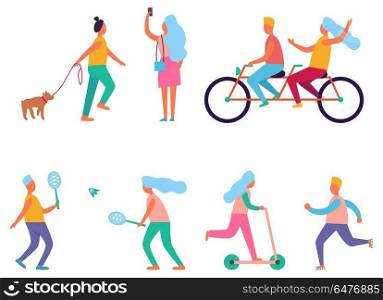 Set of Peoples Activities Vector Illustration. Set of peoples activities such as walking the dog, cycling and running, skating and playing badminton, taking pictures vector illustration