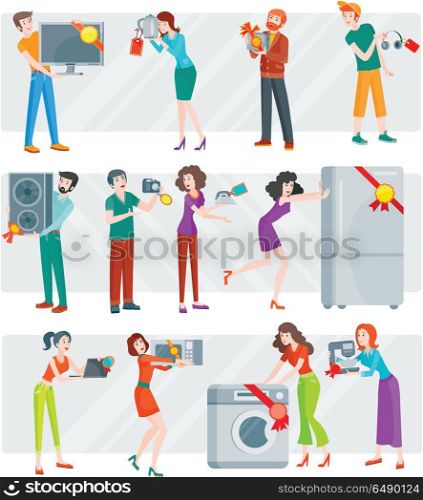 Set of Peoples on Electronics Store Sale Vector. Set of peoples on store sale. Flat design vector. Man and woman happy characters holding different goods with sale stickers on it. Home technic, electronic devices, clothes, perfumes shopping