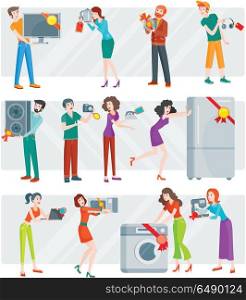Set of Peoples on Electronics Store Sale Vector. Set of peoples on store sale. Flat design vector. Man and woman happy characters holding different goods with sale stickers on it. Home technic, electronic devices, clothes, perfumes shopping