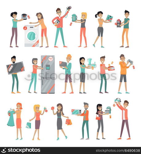 Set of peoples on store sale. Flat design vector. Man and woman happy characters holding different goods with sale stickers on it. Home technic, electronic devices, clothes, perfumes shopping . Set of Peoples on Electronics Store Sale Vector. Set of Peoples on Electronics Store Sale Vector