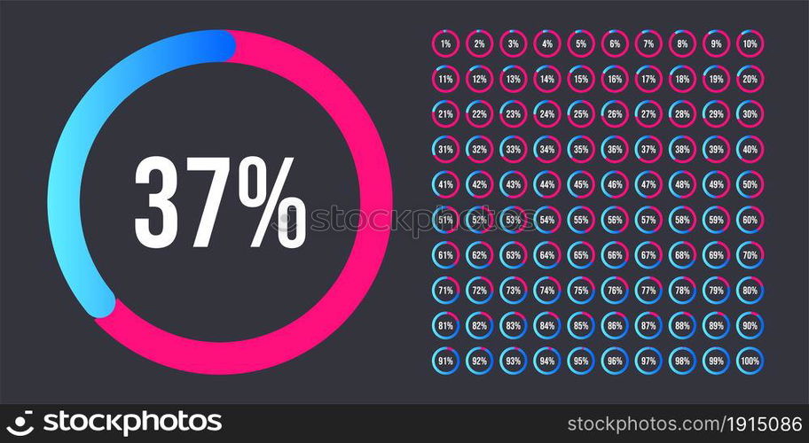 Set of Performance Indicators Percentage Circle from 0 to 100. Circle diagrams meter for web design. Pie Chart with Percentage Values for UX, user interface UI or infographic. Progress loading Circle.