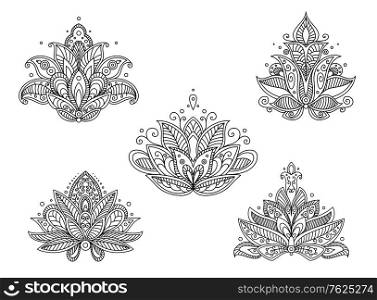 Set of persian paisley flowers in outline sketch style isolated on white background