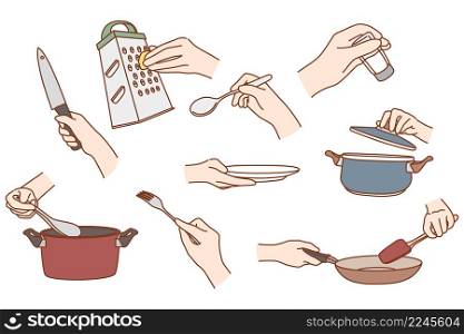 Set of person use kitchen tool prepare food at home or restaurant. Collection of hand cooking utensils or equipment meal preparation. Chef cook classes concept. Vector illustration. . Set of person use kitchen tools cooking