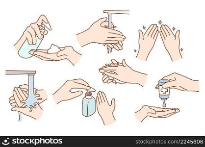 Set of person wash sanitize hands protect from covid-19 pandemics. Collection of caring people clean using sanitizer or liquid soap for coronavirus prevention. Healthcare. Vector illustration. . Set of person wash sanitize hands 