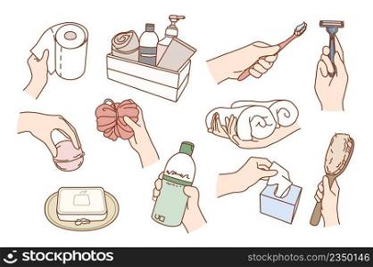 Set of person with beauty products do daily body and face routine in bath. Collection of man and woman with bathroom essentials preform morning hygiene. Flat vector illustration. . Set of people with bath products do morning hygiene