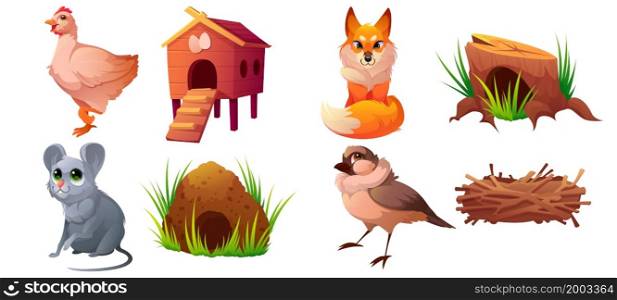 Set of pets, domestic or wild animals and their homes. Cute characters chicken and coop, fox and stump, mouse and burrow, sparrow and nest isolated on white background, Cartoon vector illustration. Set of pets, domestic or wild animals and homes