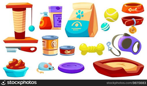 Set of petshop goods isolated on white background. Vector cartoon illustration of cat and dog bowls, soft bed, leash, collar, toy mouse, pet box filler in paper bag, food in cans and package, brush. Set of petshop goods