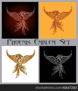 Set of phoenix bird emblem. Design elements for prints, badges, labels and stickers. Vector illustration. . Phoenix Emblem set