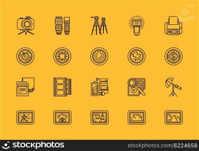 Set of photographic equipment thin, lines, outline, strokes icons. Elements of photo processing. Digital camera with pictures and modes, photo items. For web and mobile applications. Black on yellow
