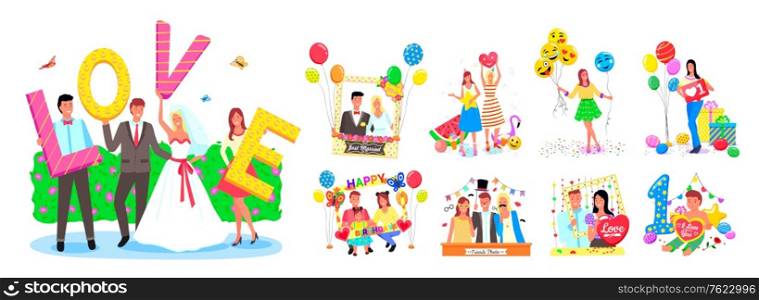 Set of photozones, accessorize, frames and decorations for different events like wedding or birthday party. Smiling people posing for photoes with balloons vector. Birthday, wedding or festival photo. Photozone Accessories and Decorations for Events