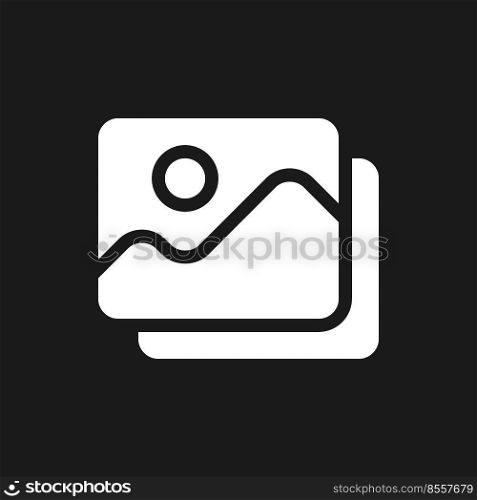 Set of pictures dark mode glyph ui icon. Simple filled line element. User interface design. White silhouette symbol on black space. Solid pictogram for web, mobile. Vector isolated illustration. Set of pictures dark mode glyph ui icon