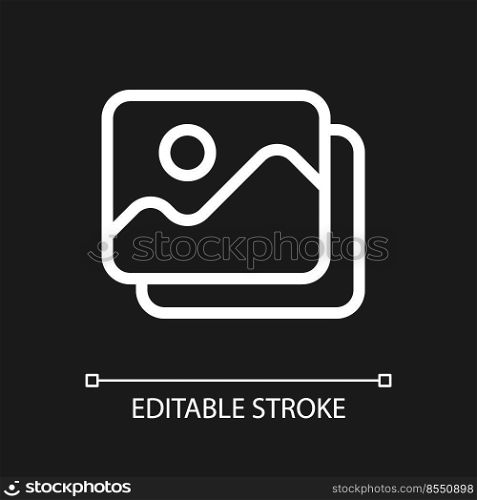 Set of pictures pixel perfect white linear ui icon for dark theme. Digital photo library. Vector line pictogram. Isolated user interface symbol for night mode. Editable stroke. Arial font used. Set of pictures pixel perfect white linear ui icon for dark theme
