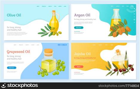 Set of pictures with text of organic liquids on website. Glass bottles with olive and argan, jojoba and grapeseed oils. Webpage with information about products for hair care. Vector illustration. Olive and Argan, Jojoba and Grapeseed Oil for Hair