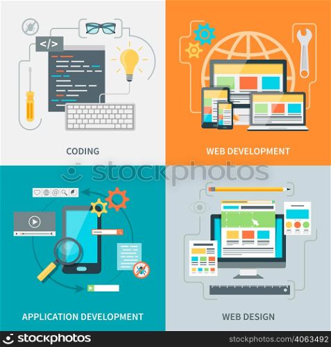 Set of pictures with various stages of website development process vector illustration. Website Development Picture Set