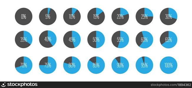 set of pie charts with a percentage sector from 0 to 100 in 5-point increments. Flat style.