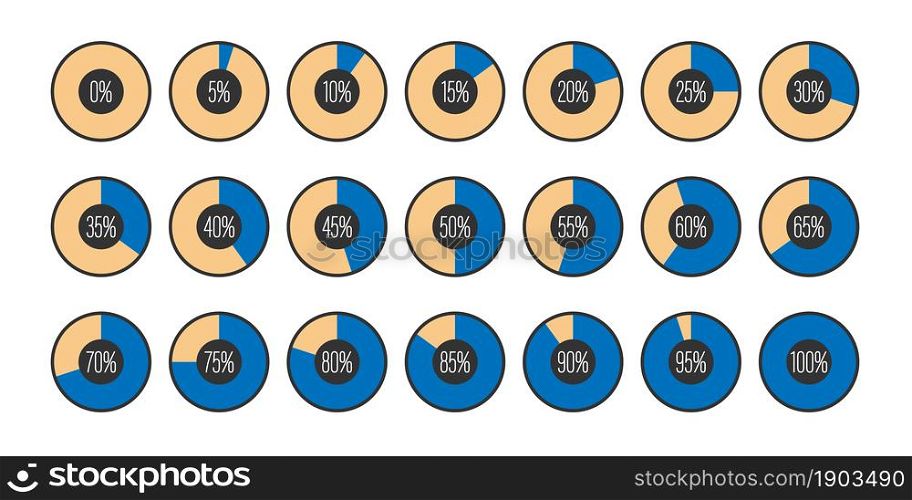 set of pie charts with a percentage sector from 0 to 100 in 5-point increments. Flat style.