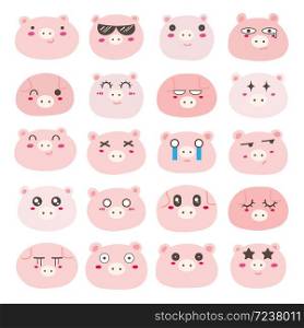 Set of pig face emoticons, Cute pig character design. Vector illustration.