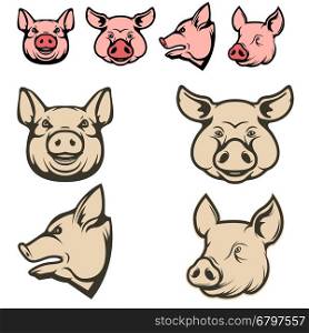 Set of pig heads. Design element for restaurant menu, poster, BBQ invitation card. Vector illustration.