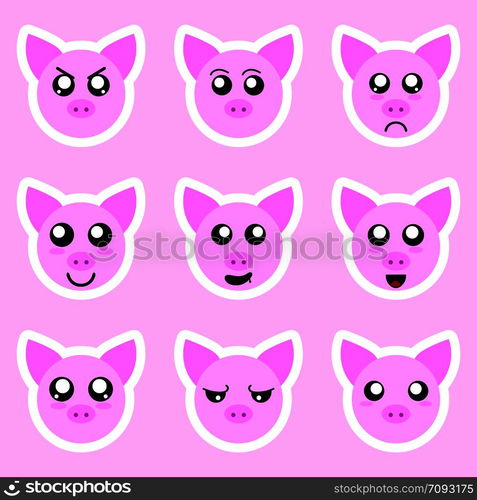 Set of pig stickers. Different emotions, expressions. Sticker in anime ...