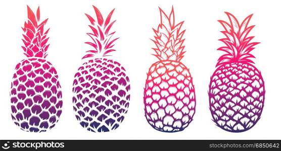 Set of pineapple illustrations isolated on white background. Design elements for logo, label, emblem, sign. Vector illustration.