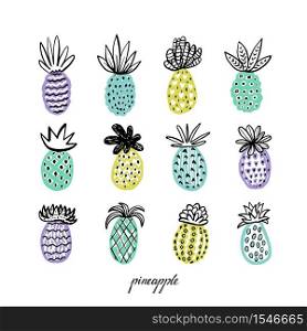 Set of pineapples. Hand drawn Decorative Pinapple with different textures in pastel colors, yellow, teal, blue violet. Exotic fruits on white background. Vector illustration. Set of pineapples. Hand drawn Decorative Pinapple with different textures in pastel colors, yellow, teal, blue violet.