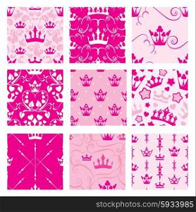 Set of Pink backgrounds with Princess crowns. Seamless backdrop patterns for girls design.