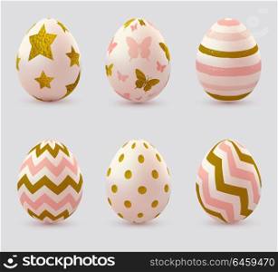 Set of pink decorative vector Easter eggs with golden glittering elements