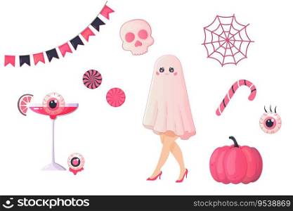 Set of pink Halloween stickers doll, pumpkin, candy, girl, cocktails. Stickers, vector illustration. Set of pink Halloween stickers doll, pumpkin, candy, girl, cocktails