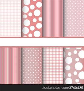 Set of pink jumbo polka dots, gingham and stripes seamless patterns. Vector background