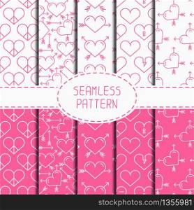 Set of pink romantic geometric seamless pattern with hearts. Collection of paper for scrapbook. Wrapping paper. Vector background. Tiling. Stylish graphic texture for design, wallpaper.. Set of pink romantic geometric seamless pattern with hearts. Collection of paper for scrapbook. Wrapping paper. Vector background. Tiling. Stylish graphic texture for your design, wallpaper.