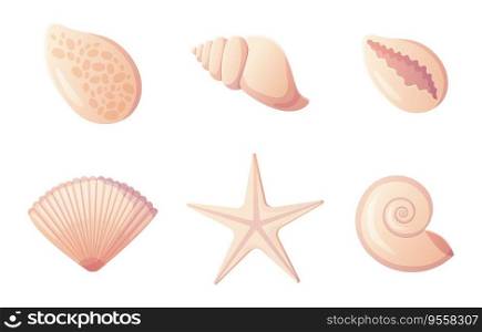 Set of Pink scallop seashell. Beach clipart, ocean e≤ment concept. Stock vector illustration isolated on white background in flat cartoon sty≤.