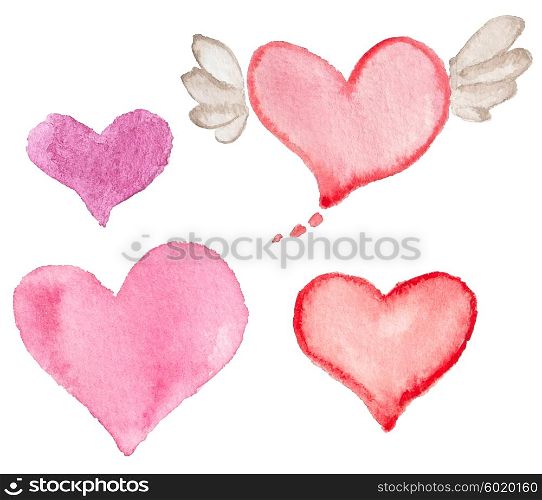 Set of pink watercolor hearts for Valentine&rsquo;s day