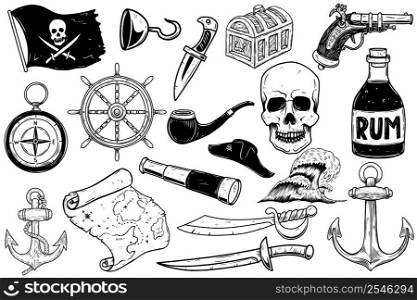 Set of pirate design elements. Design element for poster, card, banner, sign. Vector illustration