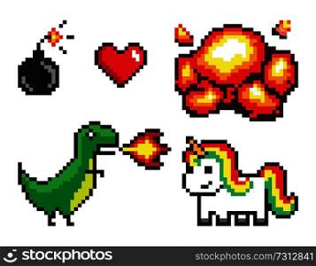 Set of pixel illustrations, colorful vector banner isolated on white, pixel bomb and explosion, cute unicorn and green tyrannosaurus Rex with flame. Set of Pixel Illustrations, Colorful Vector Banner