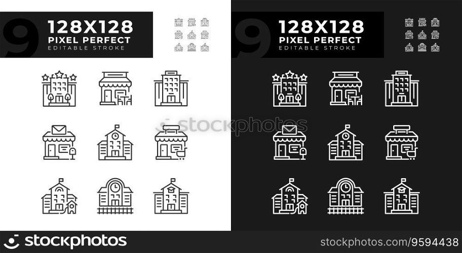 Set of pixel perfect dark and light mode icons set representing various buildings, editable thin line illustration.. Set of editable pixel perfect building icons
