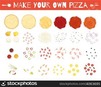 Set of pizza elements in cartoon style with dough vegetables cheese and meat sauces isolated vector illustration . Pizza Elements Cartoon Style Set