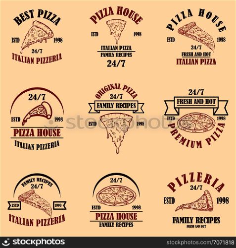 Set of pizza house, pizzeria emblems. Design element for poster, logo, label, sign. Vector illustration