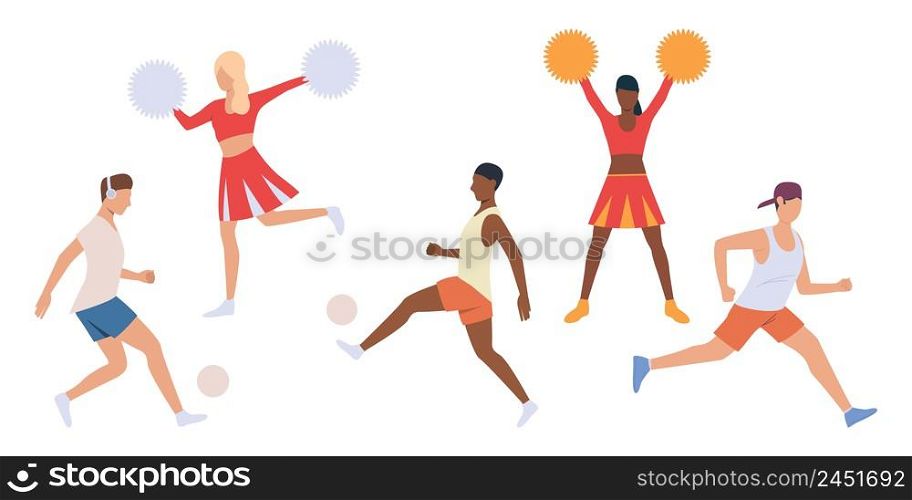 Set of players and cheerleaders. Men running with balls, girls dancing with pompoms. Vector illustration can be used for competition, promo, sport, team spirit . Set of players and cheerleaders